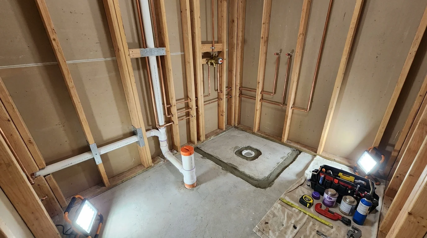 Bathroom rough-in plumbing during remodel by Johns Plumbing LLC in New Milford