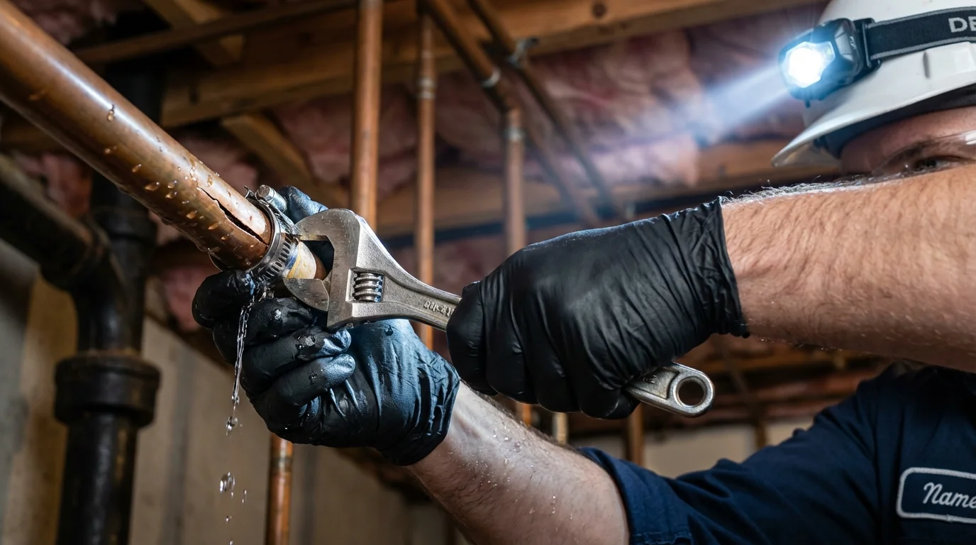 Emergency pipe clamp repair being performed by a Johns Plumbing LLC plumber in New Milford