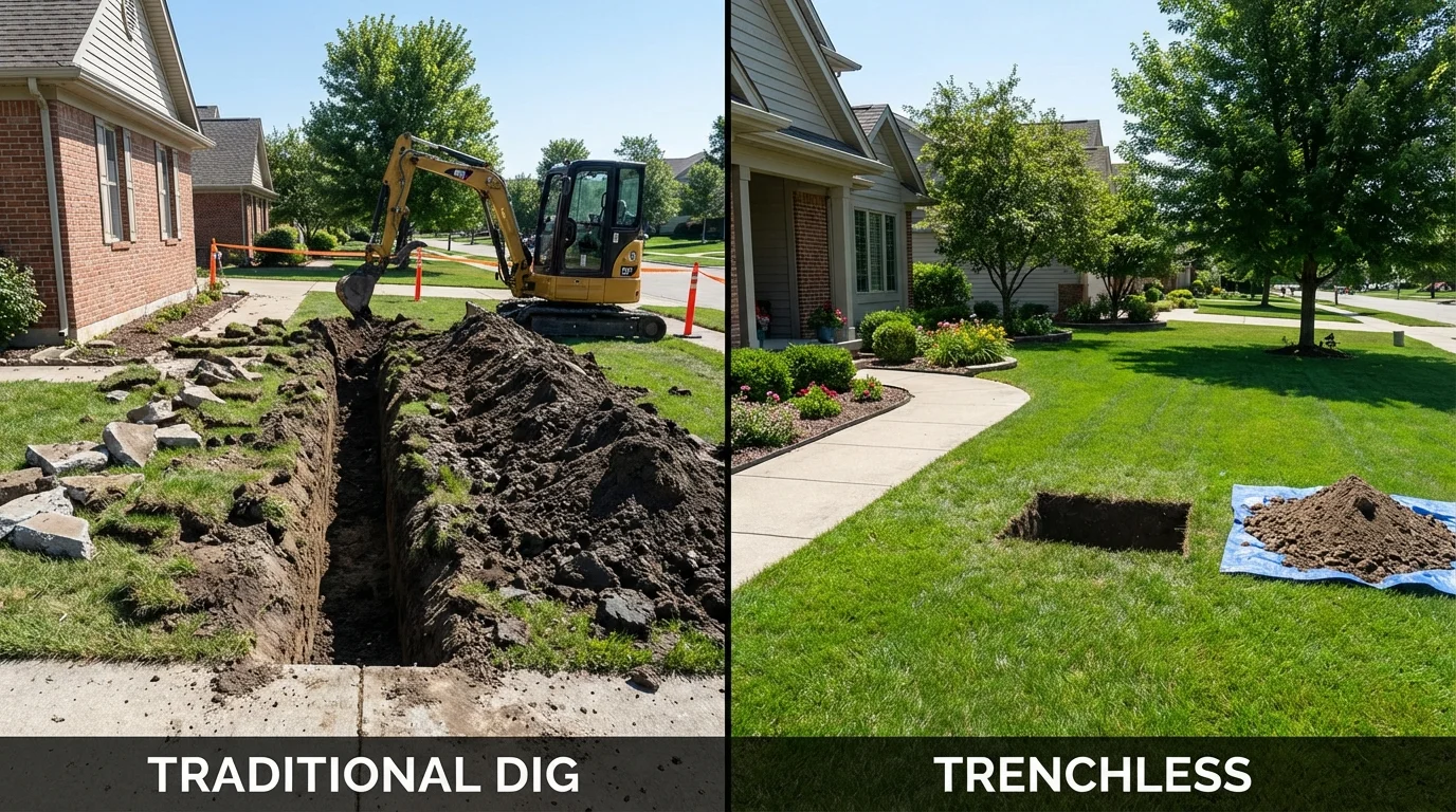 Trenchless sewer repair with minimal yard damage versus traditional excavation in New Milford, CT