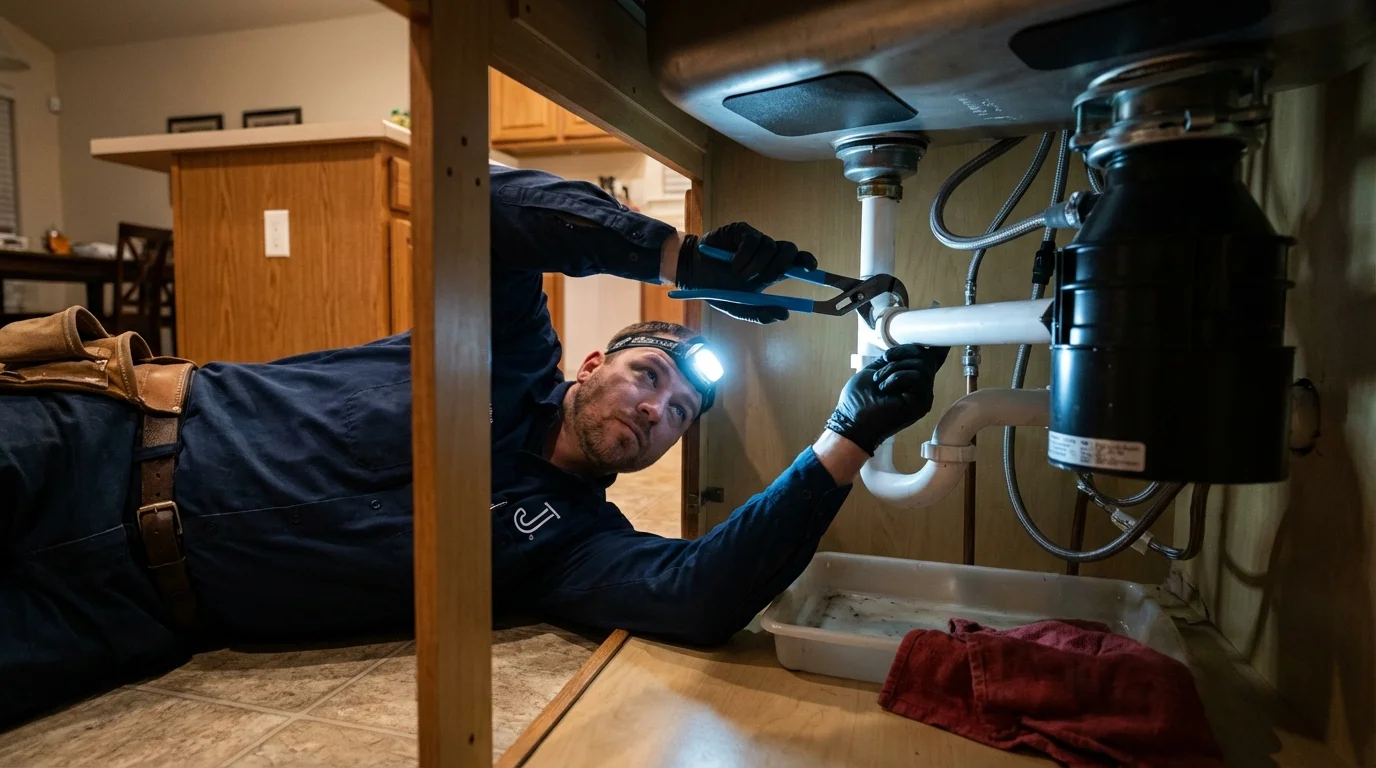 P-trap and supply line connections under a kitchen sink showing a common leak point in New Milford, CT